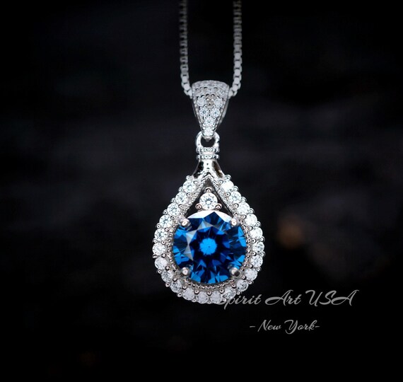 Round Blue Sapphire Gemstone Teardrop  Necklace - Sterling Silver  White Gold coated  Sapphire Pendant #386