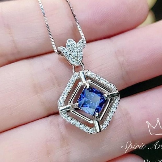 Gemstone Flower Square Tanzanite Necklace White Gold Coated 925 Sterling Silver Tiny  Lab Created Tanzanite Pendant - Overlap Square #339