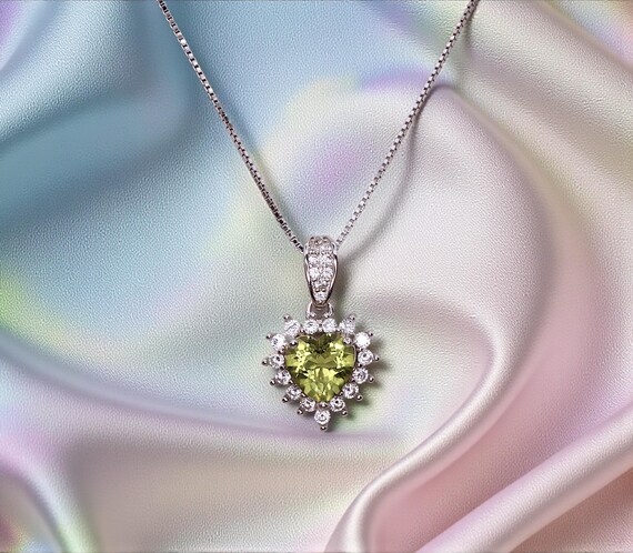 Tiny Genuine Green Peridot Necklace - Sterling Silver August Birthstone Halo Heart Peridot Jewelry #008