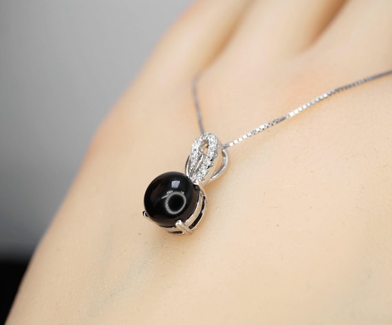 Tiny Black Onyx Necklace  Round 1.5 Ct Solitaire Black Onyx Pendant - Sterling Silver White Gold Plated Dainty Black Stone Protective 1088