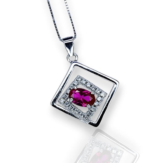 Geometric Ruby Necklace Sterling Silver Minimalist Double Square Tiny Ruby Pendant 015