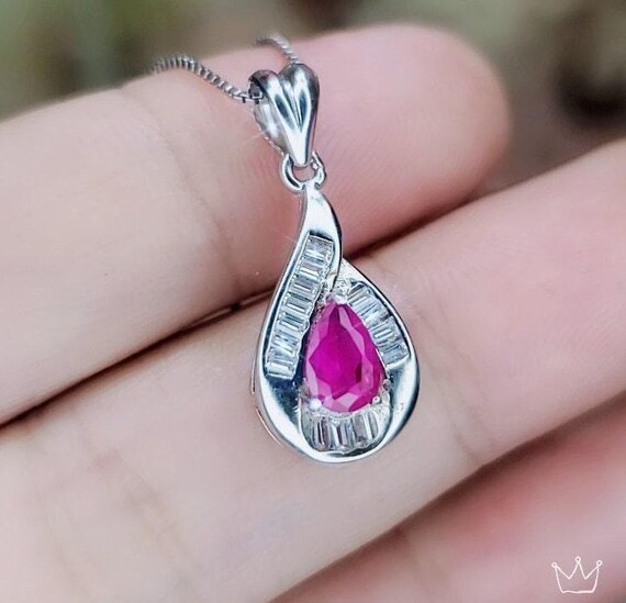 Super Tiny Red Ruby Necklace - Sterling Silver Gemstone  Halo Ruby Pendant - Teardrop Cut Minimalist Style July Birthstone Ruby Jewelry #266