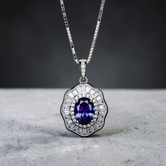 Tanzanite Necklace - Lotus Flower Pendant - 18KGP @ Sterling Silver - December Birthstone - Lab Created Blue Tanzanite Pendant #522