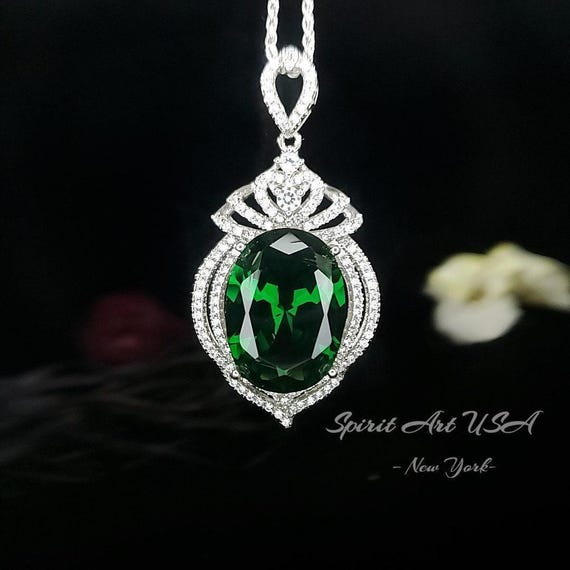 13 CT  Large  Emerald Necklace  Royal Crown Oval Emerald Pendant  Green Gemstone Jewelry Sterling Silver White Gold plated #914