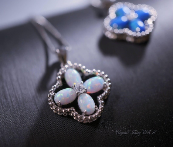 Opal Necklace, Opal Pendant, Opal Jewelry, Four Leaf Clover Sterling Silver White Opal  Delicate Minimalist Blue Opal Flower #125