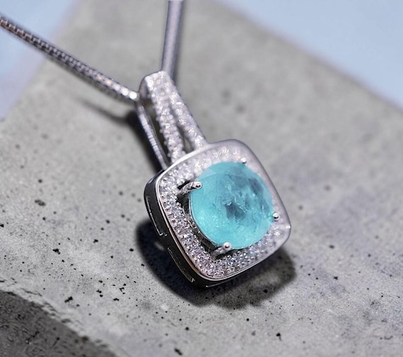 Square Blue Paraiba Tourmaline Necklace Sterling Silver 8 mm Round Paraiba Gemstone Pendant #007