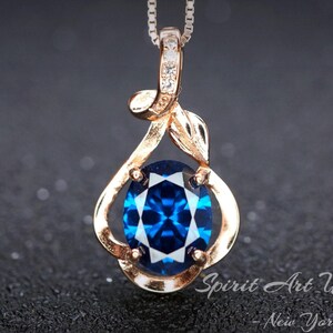 Rose Gold Blue Sapphire Necklace Sterling Silver Flower Petal 2 CT Blue Sapphire Pendant #166