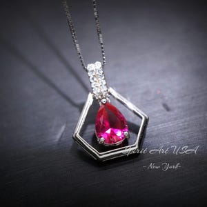 Geometric Red Ruby Necklace - Sterling Silver Triangle Diamond Teardrop Ruby Pendant Tiny Minimalist Red Gemstone Jewelry