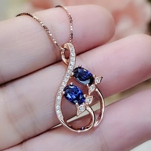 Rose Gold Leaf Tanzanite Necklace - Sterling Silver Leaf Double Stone December Birthstone Tiny Deliciated  Tanzanite Pendant #393