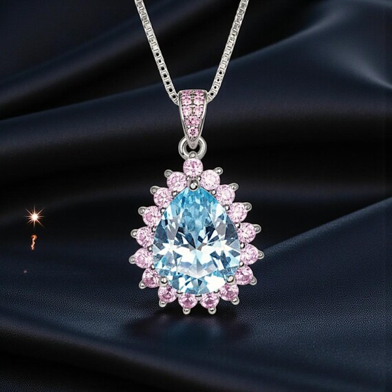 Large Teardrop Aquamarine Necklace - Sterling Silver 3 CT Blue Aquamarine Pendant March Birthstone Pink Tourmaline Halo Pear Aquamarine #528