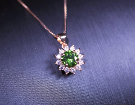 High-Quality Green Diopsid Pendant Rose Gold @ Sterling Silver Tiny Lab Diopsid  Sunflower Princess Diana Style Green Gemstone Necklace 1113