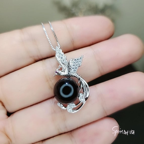 Black Onyx Phoenix Necklace  - White Gold plated Sterling Silver  - Gemstone Bird Black Gemstone  Pendant #508