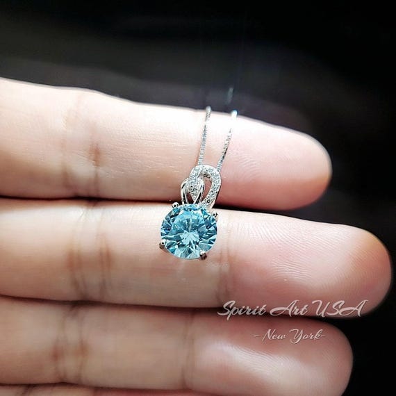 Tiny Blue Aquamarine Necklace - Sterling Silver Single Halo Dangle Round 8mm - March Birthstone -  Aquamarine Jewelry 081