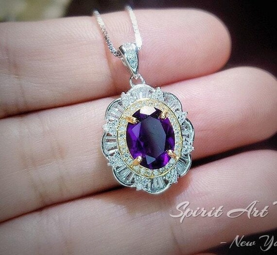 Genuine Amethyst Necklace - Sterling Silver Large Life of Flower  3 CT Natural Amethyst Necklace #781