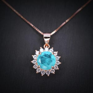 Blue Paraiba Tourmaline Necklace 8mm- Rose Gold Coated 925 Sterling Silver Princess Diana Style  Hola Paraiba Pendant 085