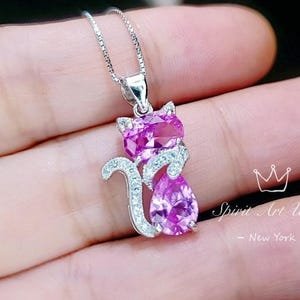 Cat Pink Tourmaline Necklace, Kitty Cat Pendant Gemstone White Gold Plated Sterling Silver Pets Lover Jewelry #213
