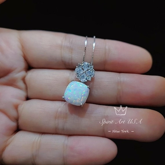 Four leaf clover Opal Necklace - Cushion Cut - White Fire Opal Pendant -  Gemstone Flower Bail  - White Gold coated Sterling Silver #448