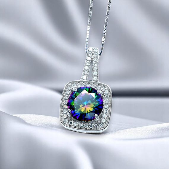 Mystic Topaz Pendant - 18KGP @ Sterling Silver -  Gemstone Square Halo Solitaire -  Royal Rainbow Topaz Jewelry #139