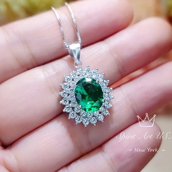 Double Halo Gemstone Emerald Necklace - White Gold Sterling Silver  Halo Solitaire 3 Ct Emerald Pendant - Oval Cut May Birthstone #628