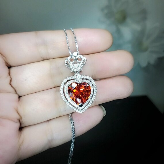 Large Double Halo Heart Sunstone Necklace Diamond Red Orange Jewelry  Royal Crown 7CT created Synthetic  pendant 18KGP Sterling Silver 801