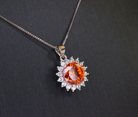 Sun stone Necklace -  Sunstone Pendant - Red Orange Tangerine Sapphire Solitaire Princess Diana Style - 8 mm  Sunstone Necklace #270
