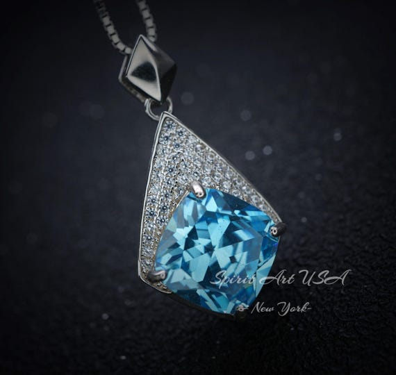 Aquamarine Necklace - Rhombic Style Blue Aquamarine Pendant- 18KGP Sterling Silver - Cushion Cut 6 CT -   March Birthstone #599