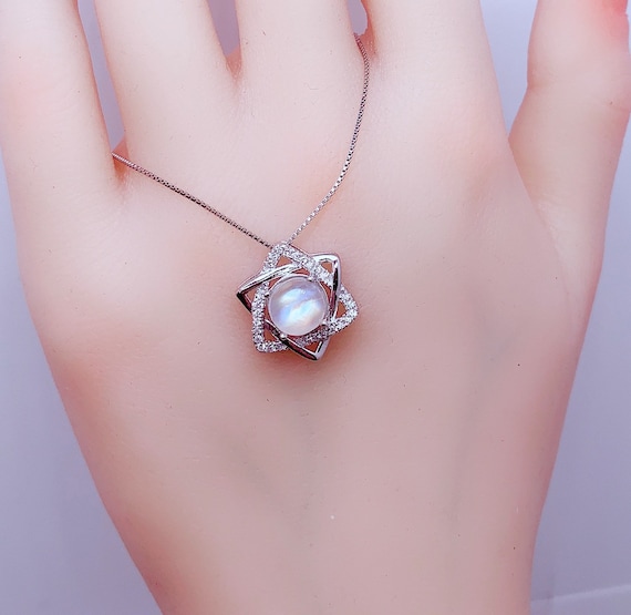 Natural rainbow moonstone necklace sterling silver David star June Birthstone Necklace
