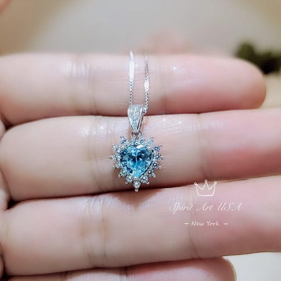 Tiny Blue Aquamarine Necklace,  Gemstone Heart Sky Blue Gemstone Pendant , Sterling Silver White Gold plated Tiny Aquamarine Jewelry 057