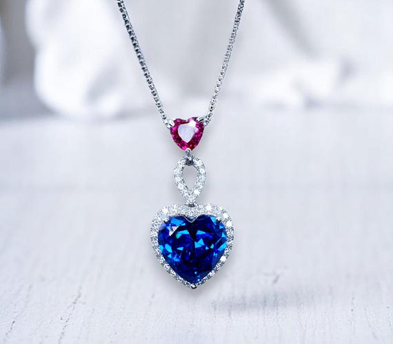 5 CT Blue Sapphire Double Heart Pendant Necklace – Sterling Silver, White Gold Coated – September Birthstone Gift for Her  741