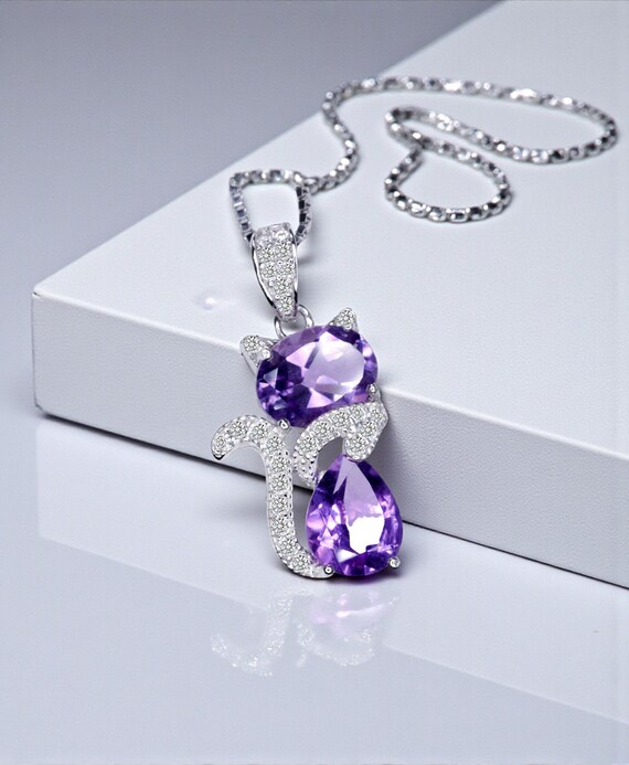 Natural Amethyst Necklace - Sterling Silver Cat Pendant- Purple Stone Gemstone Kitty Kitten Jewelry Crown Chakra Healing #221