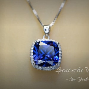 Large Tanzanite Necklace - 18KGP @ Sterling Silver -  Halo Square Cushion Deep Blue 5CT  Tanzanite #696