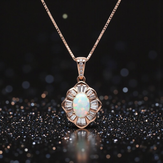 Opal Necklace - Tiny White Opal Rose gold  18KGP @ Sterling Silver - Small Gemstone flower style Opal Jewelry #308