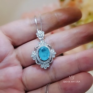 Paraiba Tourmaline Necklace - 18KGP @ Sterling Silver -  Royal Flower  Blue Gemstone Necklace - Green Paraiba Pendant #539