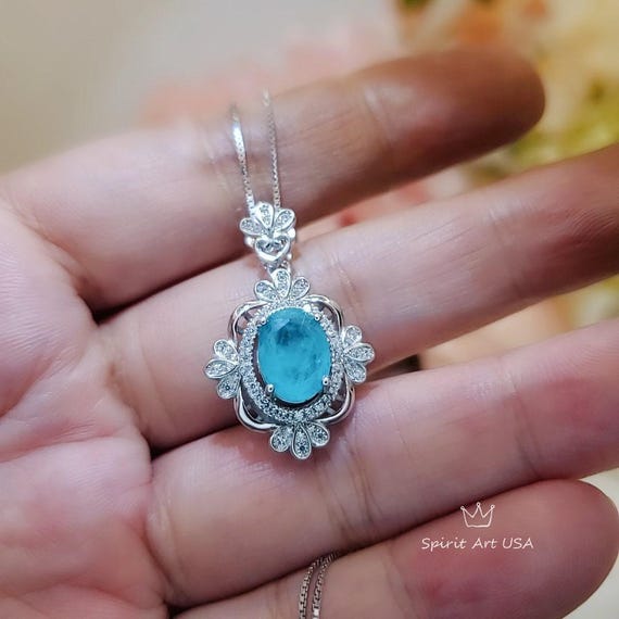 Paraiba Tourmaline Necklace - 18KGP @ Sterling Silver -  Royal Flower  Blue Gemstone Necklace - Green Paraiba Pendant #539