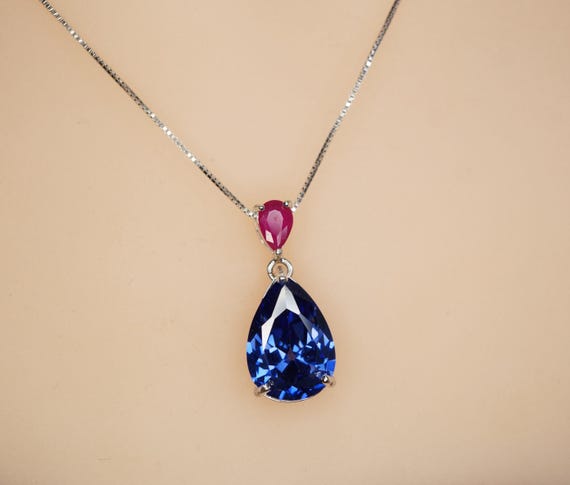 Large Teardrop Blue Sapphire Necklace - Pear Cut  7 CT Blue Sapphire Pendant 18KGP  Sterling Silver - September Birthstone Adjustable #858