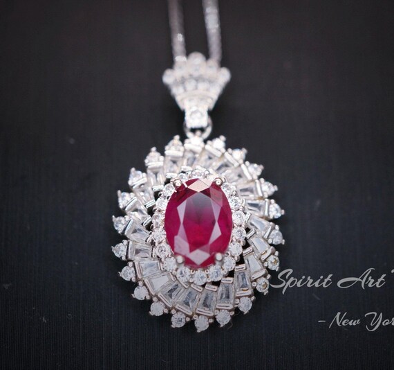 Life Spiral Red Ruby Necklace -  White Gold Coated Sterling Silver Triple Gemstone Red Ruby Pendant -  Royal   Whirl Jewelry #796