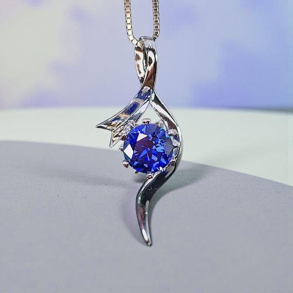 Bow Tanzanite Necklace  - 18KGP Sterling Silver -  2 CT Round Blue Tanzanite Pendant - Swirl Knot Style - December Birthstone #557