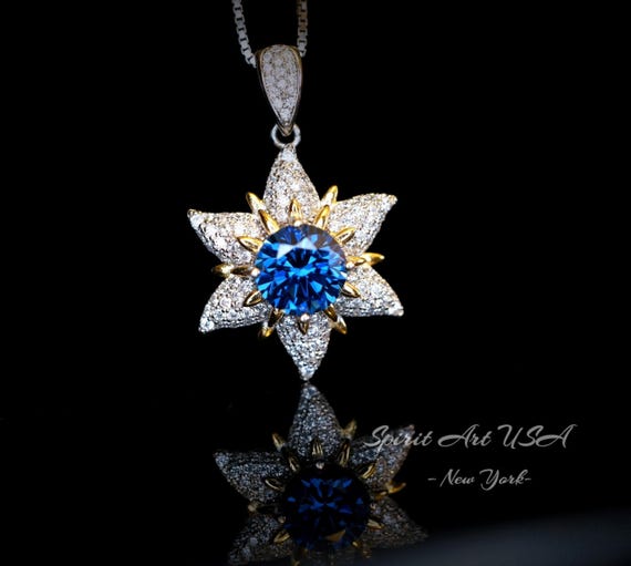 Star Blue Sapphire Necklace - 18KGP Sterling Silver -  6 Point Star Pendant - 2CT  Hexagram Blue Sapphire Jewelry #873
