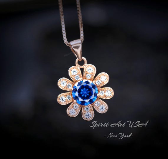 Tiny Blue Sapphire Sunflower Necklace Rose Gold Coated Sterling Silver Gemstone Flower September Birthstone 026