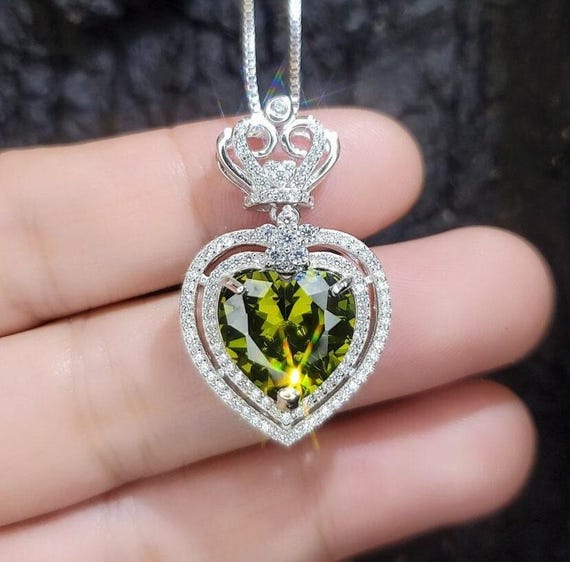 Large Green Peridot Heart Necklace -  Full Sterling Silver Made Double Halo  Green Heart Peridot Pendant #840