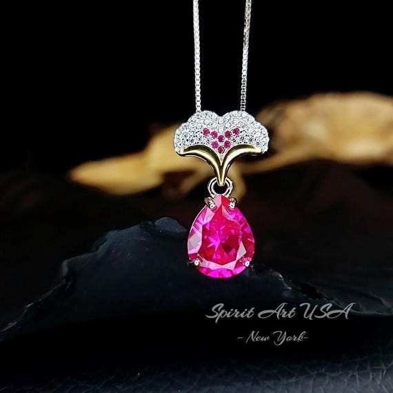 Pink Sapphire Necklace Ginkgo biloba Pendant - 18kgp @ Sterling Silver - Large Teardrop  3.5 CT Fuchsia Sapphire Jewelry Gemstone Leaf #868