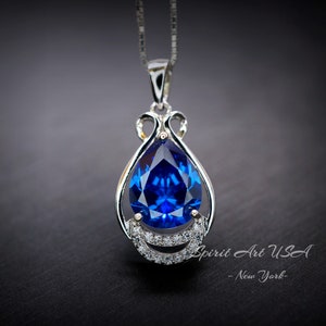 Blue Sapphire Necklace  - Teardrop Gemstone White Gold  2.8 CT Sapphire Pendant  - Large Bridal  Jewelry #487
