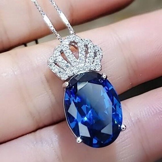 Large Gemstone Crown Sapphire Necklace - 18KGP @ Sterling Silver - 5 CT Oval Cut -   Lab Created Blue Sapphire Pendant #844