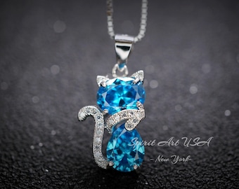 Cat Blue Topaz Necklace, Kitty Cat Swiss Blue Topaz Pendant Gemstone White Gold Plated Sterling Silver Pets Lover Jewelry #216