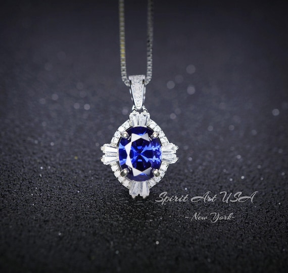 Tanzanite Necklace - 2 CT Oval Cut Diamond Halo Blue Tanzanite Pendant - 18KGP @ Sterling Silver - Solitaire Lab Created  Blue Gemstone #317