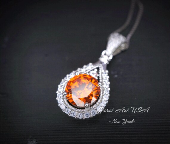 Sunstone  Necklace - Tangerine Sapphire Necklace - Sterling Silver 1.8 CT Round Red Orange Spessartite Garnet Gemstone Pendant #279