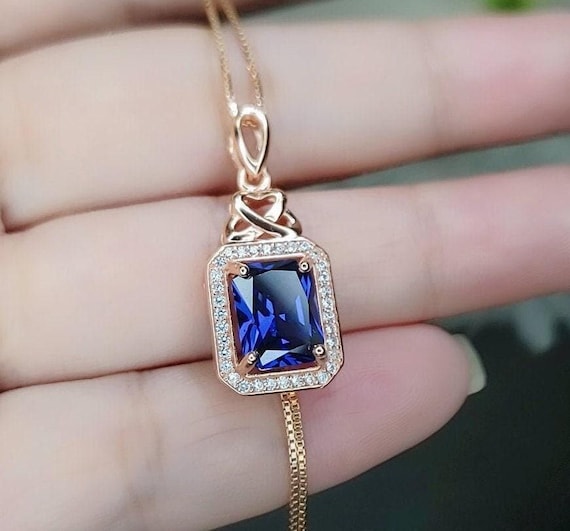Tanzanite Necklace  Rose Gold Sterling Silver 3.5 CT Rectangle  Blue Tanzanite  Pendant December Birthstone Solitaire Halo #469