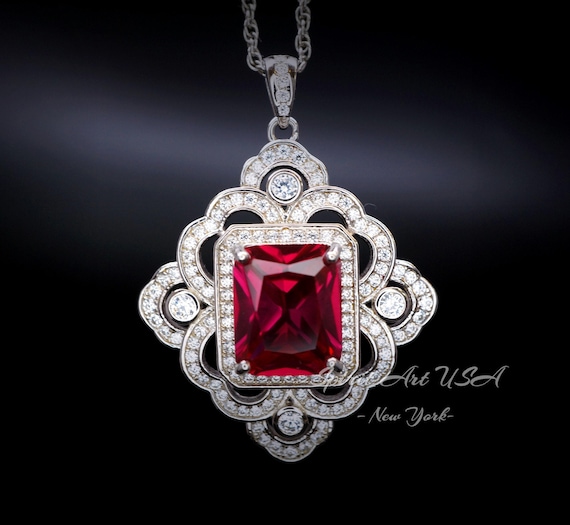 Large Red Ruby Necklace -  Faceted Rectangle 5 CT Red Ruby Pendant - Gemstone Flower of Prosperity - 18GP Sterling Silver - Scissor Cut #827