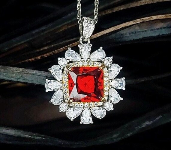 Large Square Garnet Necklace   Halo Gold Square 7 CT 10 MM Deep Red Gemstone Pendant Sterling Silver White Gold plated #813