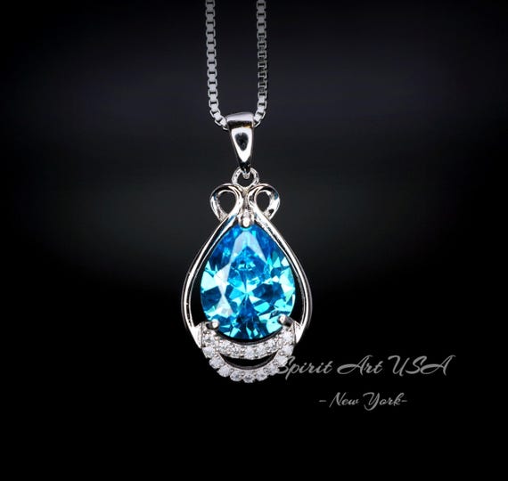 Sterling Silver Teardrop Swiss Blue Topaz Necklace 2.75 ct Teardrop Sim Gemstone 14k White Gold Plated Birthstone  #933